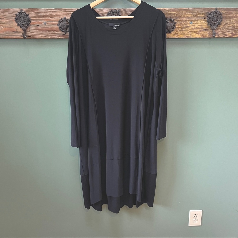 Sun Kim Black Long Sleeve Jersey‎ Knit Lagenlook Bubble Dress Plus Size 2X